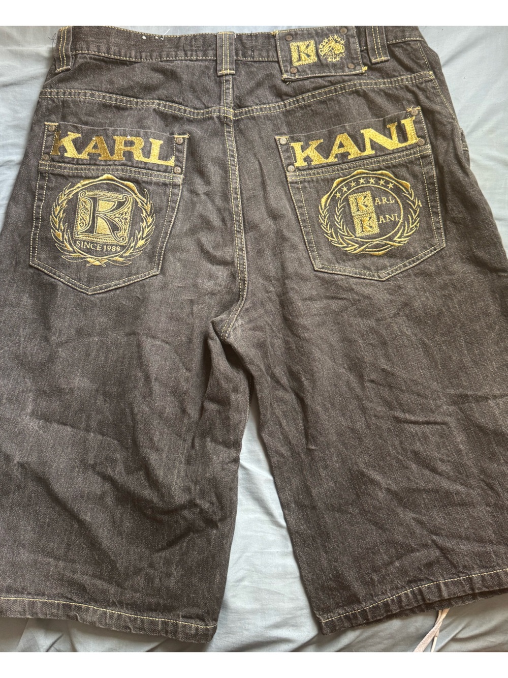 Karl Kani Brown Relaxed Jorts with Yellow Embroidered Back Pockets